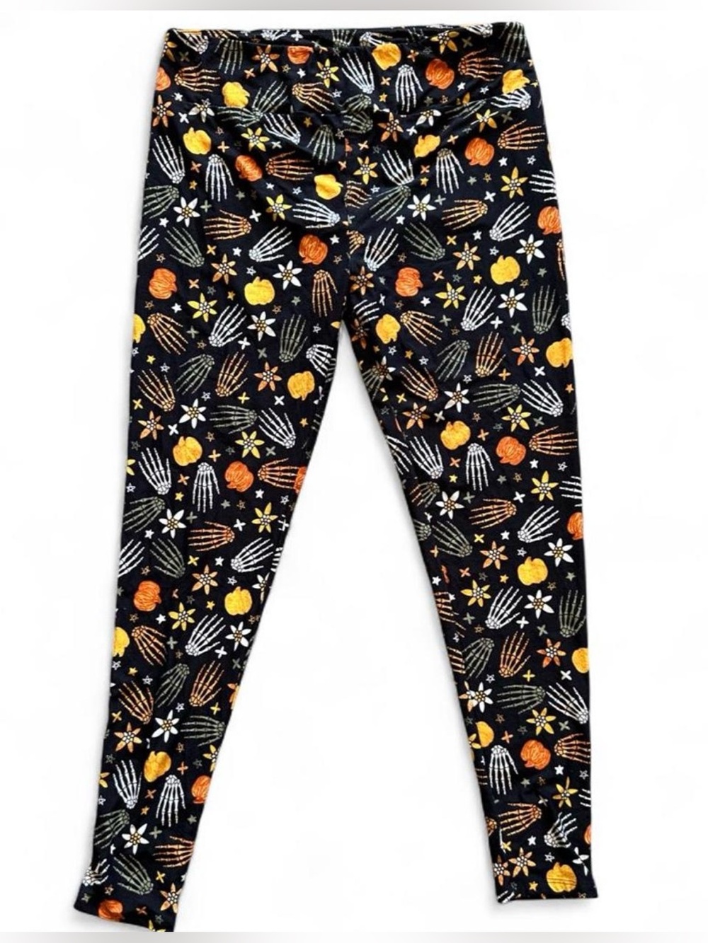 LuLaRoe Black Leggings with Orange, Yellow & White Pumpkin Floral Print